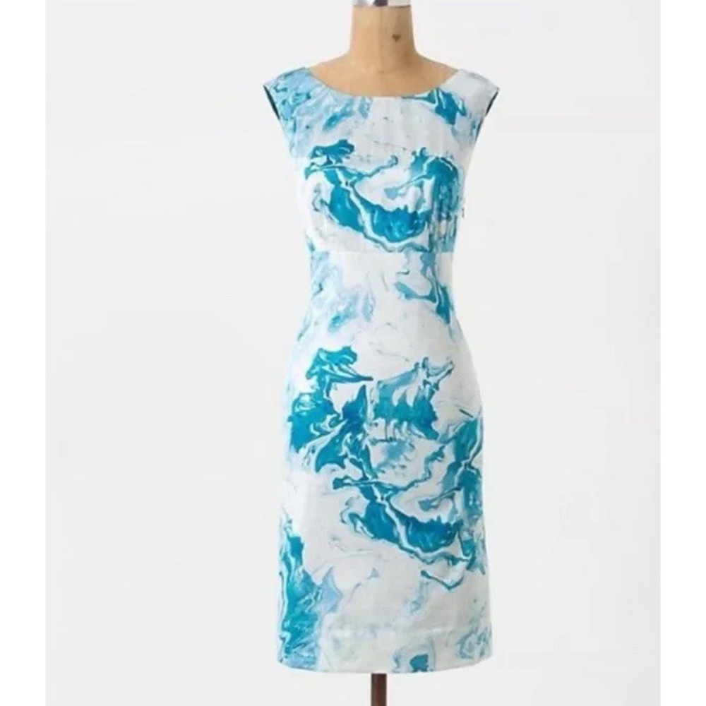 Anthropologie Maeve Blue Marbled Waters Silk Blend Shift Dress 4 Cocktail Party‎